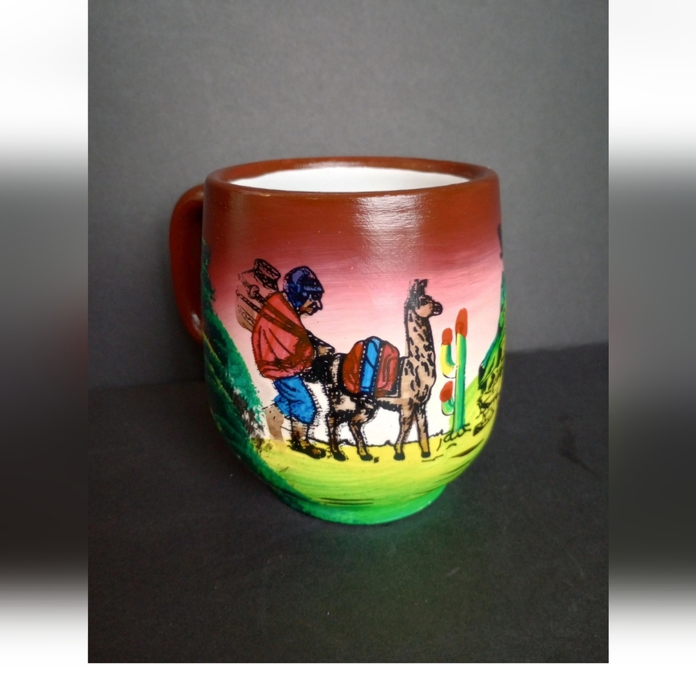Hand Painted Folk Art Decorative Mug 4-1/4" Llama & Farmer